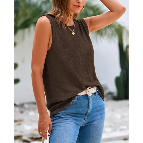 Btfbm Women Brown Sleeveless Crew Neck Ribbed Knit Lightweight Pullover Sweater - Picture 5 of 9
